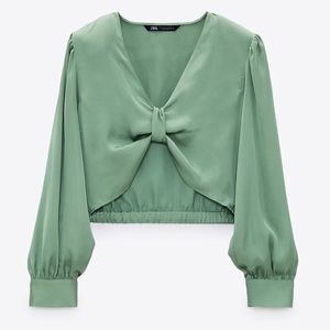 ZARA KNOTTED SATIN EFFECT TOP PASTEL GREEN